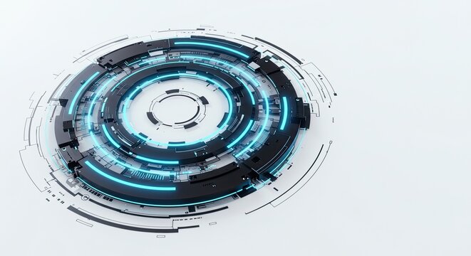 Futuristic glowing blue and black circular technology interface on white background.