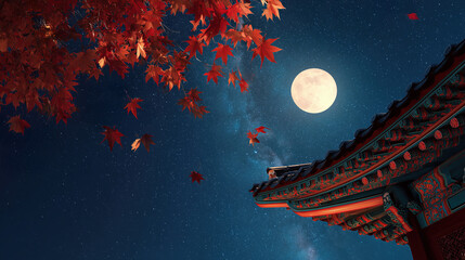 전통 궁궐 처마와 보름달_붉은 단풍 배경, 한국의 가을밤 풍경 일러스트