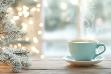 Fototapeta premium Cozy autumn morning: steaming coffee on knit blanket