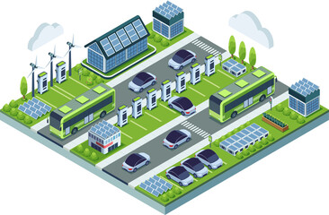 Isometric Green Transportation Hub Featuring Electric Vehicles and Sustainable Energy with Solar Panels Wind Turbines and Lush Greenery in Pixel Art Style