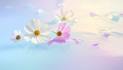 水面に浮かぶ白とピンクのコスモスの花と淡いグラデーション背景