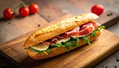 Freshly made baguette sandwich with prosciutto, mozzarella, and arugula
