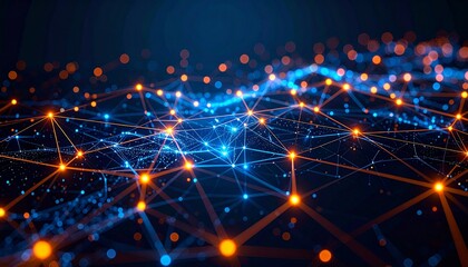 Fototapeta premium 3D network structure with connected blue and orange neon nodes on a dark background