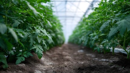Rows of lush green plants growing in a modern greenhouse showcasing advanced agricultural cultivation techniques and sustainable farming