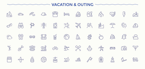 Vacation and Outing icon set. Contain linear symbols camp, tent, hiking, tourism, Outing, camping, kayak, tour and more. Minimalist vector collections. Editable stroke. Tourism icon set.