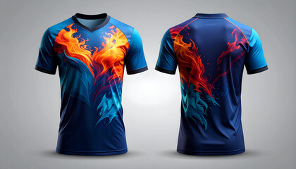Vibrant Phoenix Flames Jersey Design Display, Blue and Orange Firebird T-Shirt Mockup Displayed on a Light Grey Backdrop