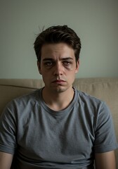 Young Man with Dark Circles Wearing Grey T-shirt Sitting on Couch in Minimalist Room