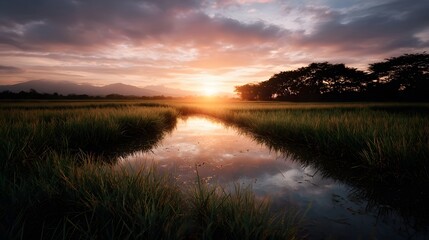 Vibrant sunset casts warm hues across a serene rice field with a tranquil water reflection