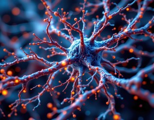 illustrate oxidative stress in neural synapses with reactive oxygen species attacking, antioxidants depleted, glowing energy lines, intricate neuron network, realistic scientific visualization