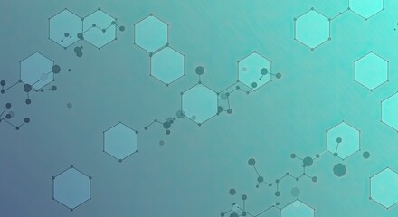 Abstract background with interconnected hexagonal molecular structures and dots on a gradient teal and blue background.