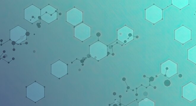 Abstract background with interconnected hexagonal molecular structures and dots on a gradient teal and blue background.