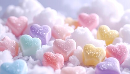 Pastel heart candies on fluffy clouds