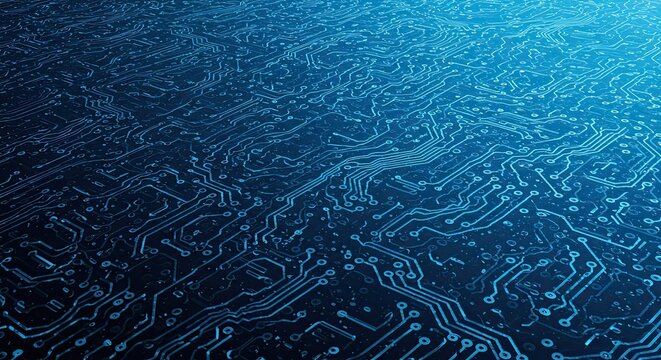 Abstract close-up of a blue circuit board with intricate pathways and connections, representing technology and data flow. - Powered by Adobe