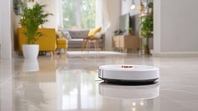 Modern Home Automation: A sleek, autonomous robot vacuum cleaner glides effortlessly across a polished tile floor, navigating a well-lit, modern living space, showcasing the future of domestic ease.