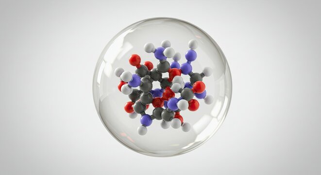 A 3D rendering of a complex molecular structure enclosed within a transparent sphere, showcasing atoms and bonds.