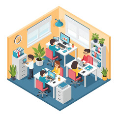 Isometric office space with employees working at desks and using computers and other office equipment
