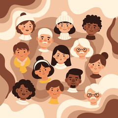 Illustration of diverse cartoon people faces with various hairstyles and skin tones on brown background
