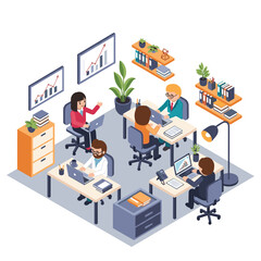 Isometric view of office space with employees working at their desks on laptops and reviewing charts