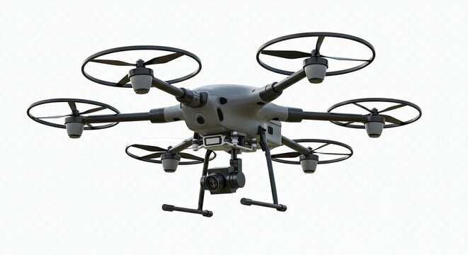 Gray hexacopter drone with camera and landing gear against white background.
