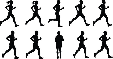 Running silhouettes, athlete motion, stride phases, human biomechanics, sports training, black vector, fitness pose, illustration set