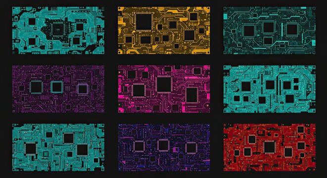 A grid of nine abstract digital circuit board patterns in various vibrant colors, showcasing intricate electronic pathways and square chip components.
