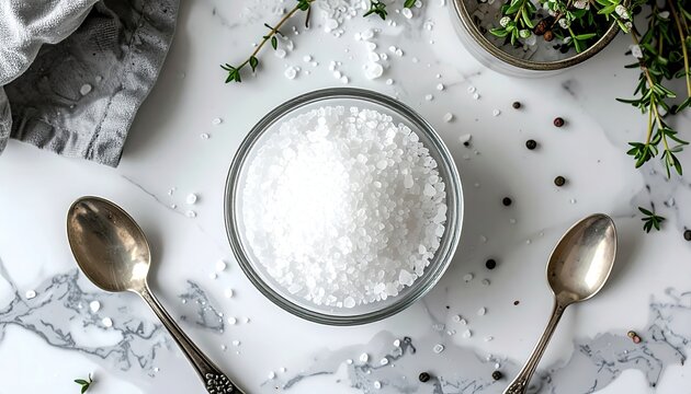 Glass bowl of coarse sea salt, surrounded by herbs and spoons on a marble surface