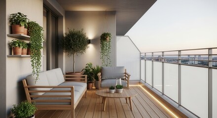 Naklejka premium Balcony design with wooden furniture and various plants offering a relaxing outdoor space