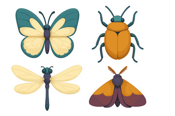 Brightly colored stylized insect set with a butterfly a beetle a dragonfly and a moth on white background