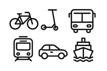 Outline icons of diverse transportation modes featuring bicycle scooter bus train car and ship for travel and urban mobility concepts