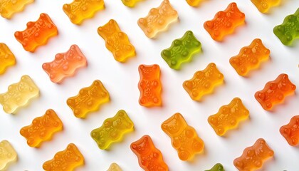 Colorful gummy bears arranged in a grid pattern on a white background (1)
