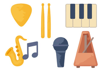 Collection of diverse musical instruments and accessories including saxophone, piano keys, drumsticks, microphone, and metronome