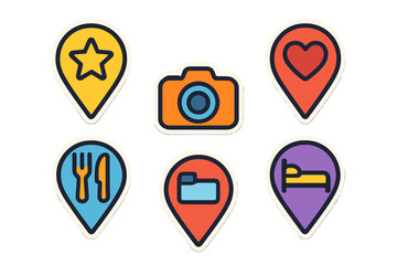 Colorful map pin symbols for navigation and location, featuring star, heart, restaurant, folder, hotel, and camera markers