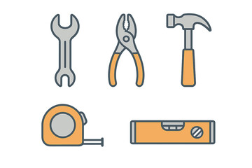 Assortment of common household and professional hand tools for construction, repair, and DIY projects including wrench, pliers, hammer, tape measure, and level