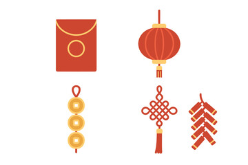 Traditional Chinese New Year celebration symbols including red envelope, lantern, coins, knot, and firecrackers