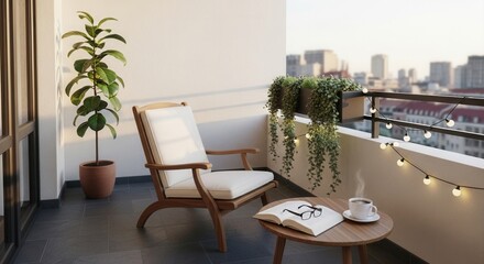 Cozy balcony setup featuring a comfortable chair, table, book, coffee and decorative lights