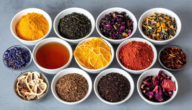 Assorted dried herbs and teas in small white bowls