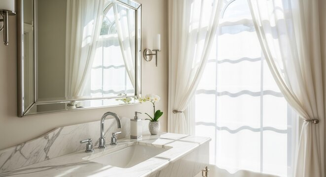 Elegant bathroom interior with marble countertop and soft natural window lighting creating a spa - Powered by Adobe