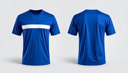 Front and Back Mockup of a Blue T-Shirt with White Stripe, Sporting Apparel Mockup: Blue Tee Shirt Featuring Front and Back Views
