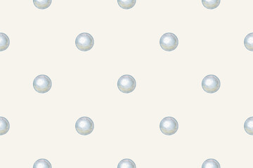 Simple seamless pattern with blue pearl on cream background in watercolor. Hand drawn elegant round shape in minimal polka dot design. Great for vintage fabric or wallpaper. Perfect for luxury print.