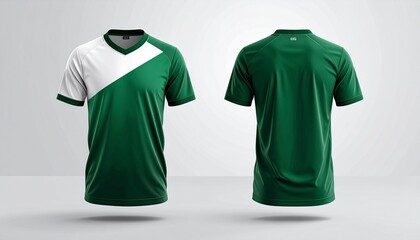 Front and Back View of a Green and White Soccer Jersey Design, Professional Soccer Jersey Isolated on a White Background