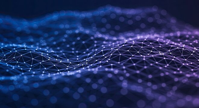 Abstract network of connected dots and lines in blue and purple hues.