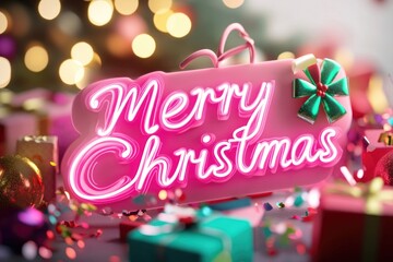 Festive merry christmas neon sign with colorful gifts and confetti