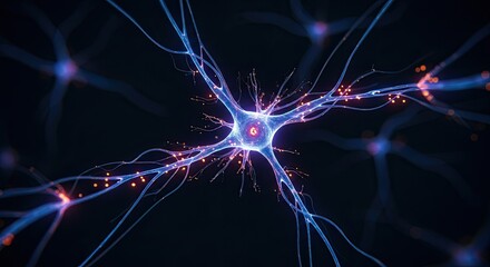 Close-up view of a glowing blue neuron with electrical impulses, representing the human nervous system and brain activity.