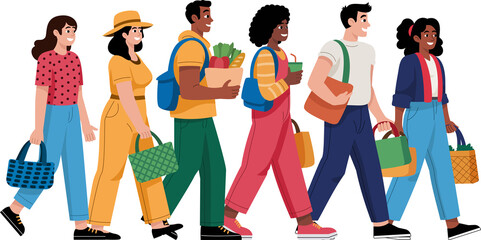 A group of happy and diverse friends of different races and colors walk happily, holding bags and shopping bags from a store