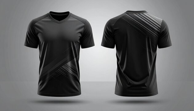 Realistic black V-neck jersey design showcasing dynamic stripe graphics, Sleek athletic apparel mockup with modern line pattern for sports and e-sports teams