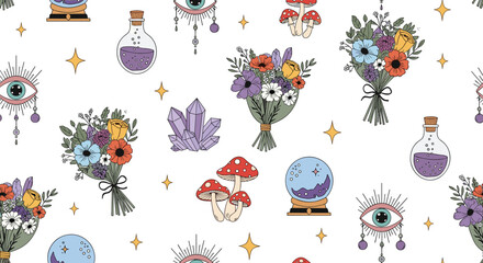 A whimsical pattern featuring mystical elements like crystals potions and floral bouquets.