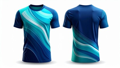 Blue and Teal Sports Jersey Front and Back View for Stock Photography, Modern Design T-Shirt Front and Back View with Swirling Abstract Lines