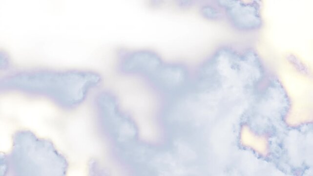 White fluffy, blue and purple clouds crossing a strange yellow sky from left to right. Based on a reel timelapse. Psychedelic colors. Illustration of a dreamlike skyscape or atmospheric pollution.