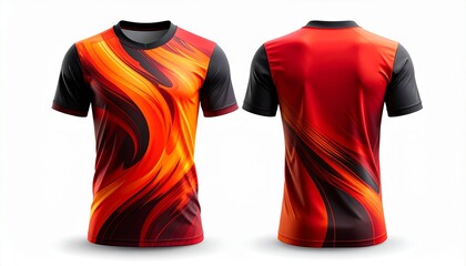 Fiery Sports Jersey Design Template for Customization, Vivid Orange and Red Abstract Patterned T-shirt Mockup on White Background