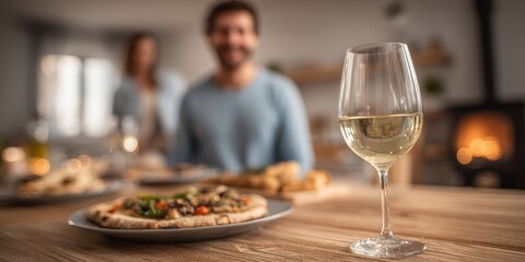 Obraz premium Glass of white wine with pizza in cozy home dining atmosphere